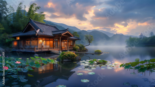 Japanese style wooden house, next to the lake, lotus flowers on the lake, dramatic evening sky, very beautiful and cool view