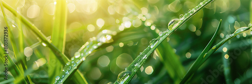 Close up of morning dew droplets at the tip of the grass  morning sunlight