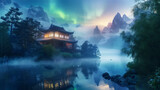Chinese style wooden house beside a calm river, on the edge of the forest, aurora sky, rocky hills, very beautiful and cool view