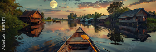 Beautiful river in the middle of the countryside, between wooden houses, wooden canoes on the river, beautiful morning sky, full moon night photo