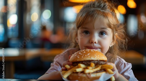 A small girl is eating a hamburger. She has brown hair and blue eyes. She is wearing a pink shirt.