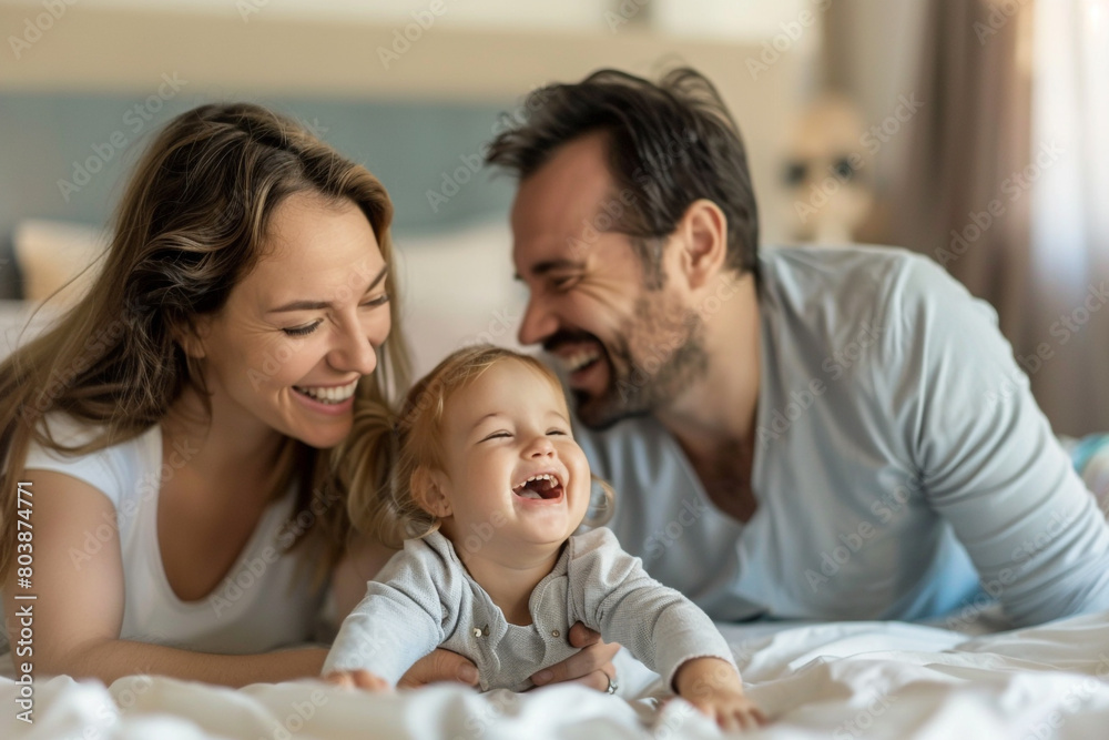 Smiling father and mother laughing and playing with their daughter