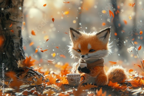 Cute fox in the forest, drinking coffee with a scarf and leaves falling around it, in a kawaii style, with many detailed beautiful cute. photo