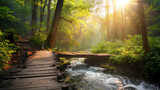wooden bridge over a fast river, in the middle of a beautiful forest, morning sunlight