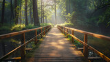 wooden bridge in the middle of the forest from left to right, over a calm river, in the middle of a beautiful forest, morning sunlight