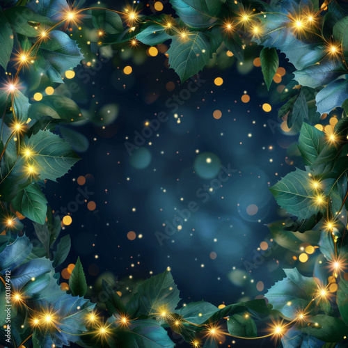 Beautiful fairy lights pattern with leaves around the frame with blank center for background 
