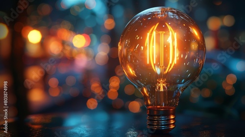 An illuminated light bulb on a dark background with bokeh lights, symbolizing innovation and inspiration in the business world.