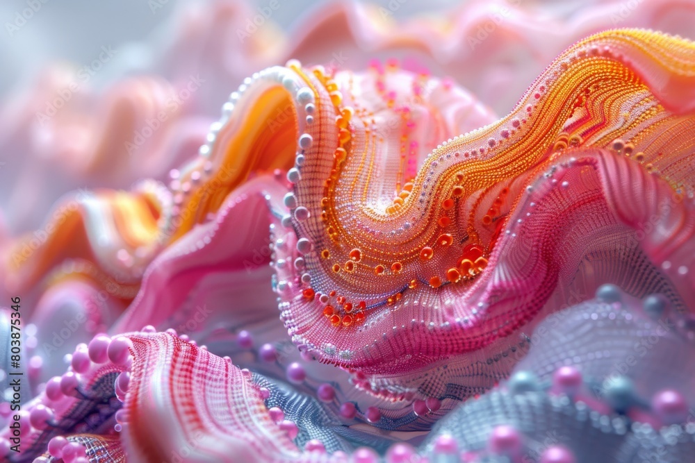 A closeup of an intricate, wavy fabric with vibrant pink and orange hues, adorned with delicate beads that create a textured pattern. A closeup of an intricate, wavy fabric with vibrant pink and orange hues, adorned with delicate beads that create a textured pattern.