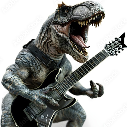 Dinosaur Playing Guitar on white background Generative Ai