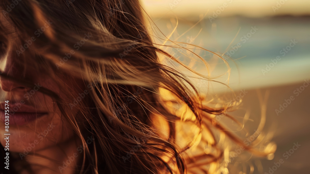 Beach Serenity, Close-Up of Wind-Swept Hair at Sunset