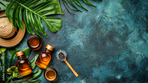 product photography, with two bottles of shampoo and a shampoo brush on the table. photo