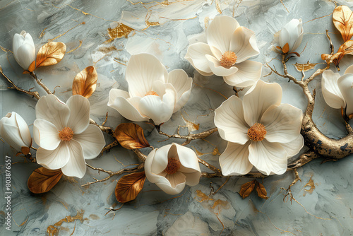 White and gold flowers on marble wall. Created with AI