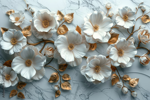 3D background, white marble with gold veins and white flowers. Created with Ai © Thebalancefoundatio