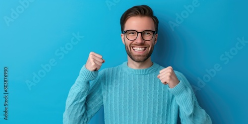A young handsome man wearing a blue sweater and glasses on background with a smiling face doing a winner gesture holding his fist up celebrating success or happy positive expression of good news, photo