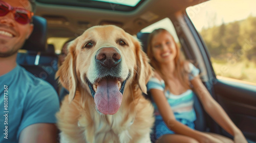 Family driving for the weekend with their golden retriever © Kinza