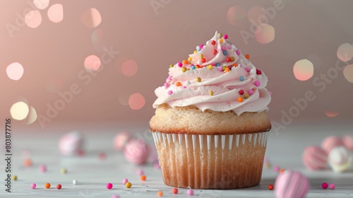A cupcake with pink frosting and rainbow sprinkles on a table. There are also some sprinkles and marshmallows on the table. The background is pink and out of focus.