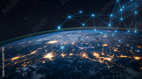 Breathtaking view of Earth from space at night, with cities illuminated and oceans reflecting light. Electric blue atmosphere, stunning landscape, and vivid city lights create a mesmerizing scene #803877735