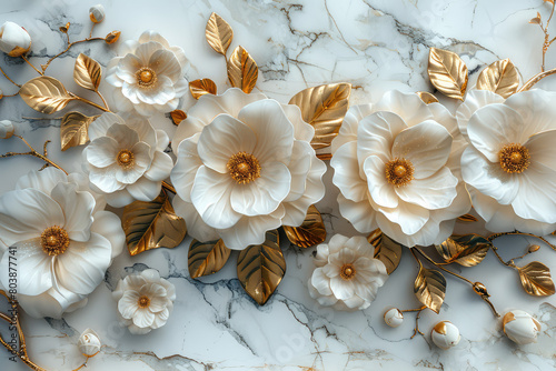 still life with white flowers with marble background. Created with Ai © Thebalancefoundatio
