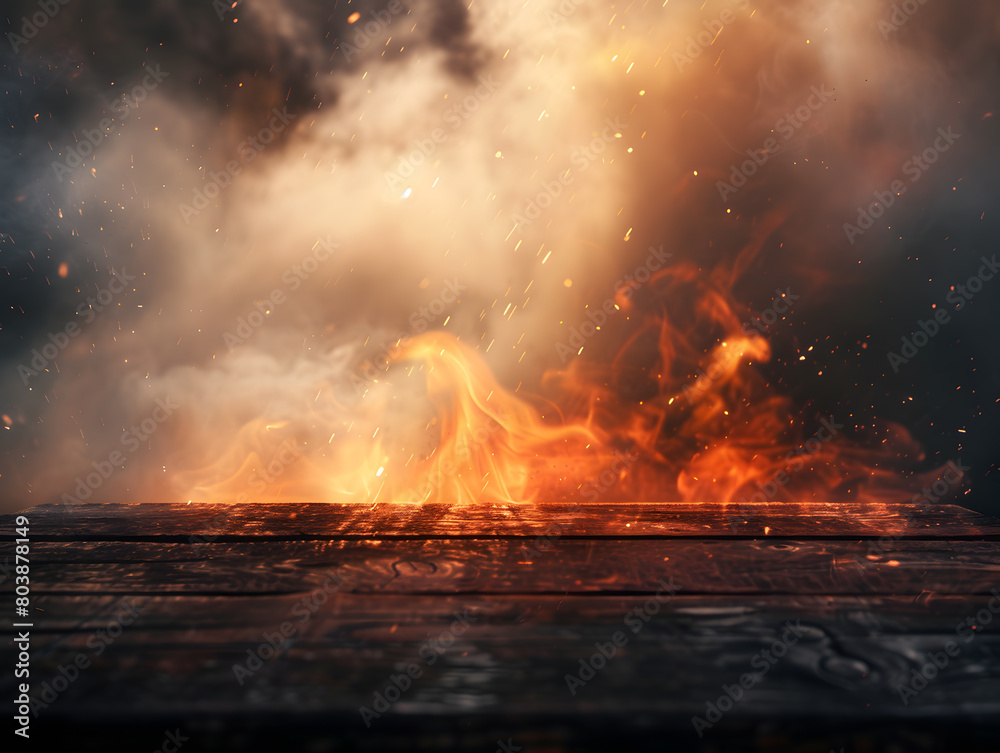 Wooden table with fiery flames background and warm light. Fiery Flames Background.