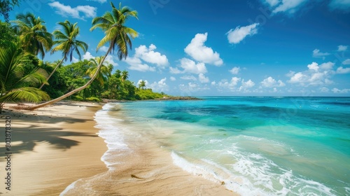 A secluded, sandy beach with turquoise waters and palm trees swaying in the tropical breeze. photo