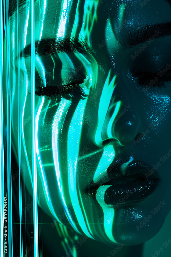 Abstract female portrait in striking green and blue hues, overlaid with ...