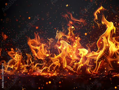 Nighttime blaze: Fiery inferno illuminates the darkness, casting warm orange hues against the black backdrop. Fiery Flames Background.