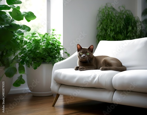 A cat of the European Burmese breed, dark chocolate color, lies on a white sofa near the window, next to pots of herbs
