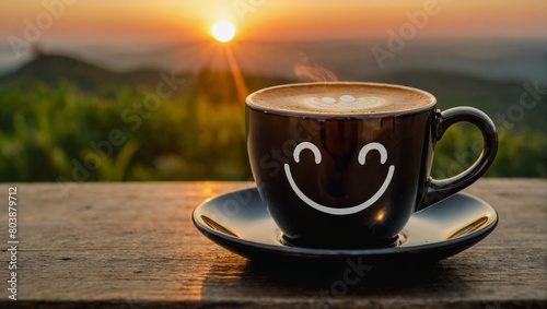 Morning cup of coffee with a smiley face in sunrise. A cup of coffee on a wooden table beside a natural green grass field in the morning sunrise.