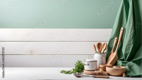 With a green tablecloth and kitchen utensils, a white wooden table backdrop is displayed. photo