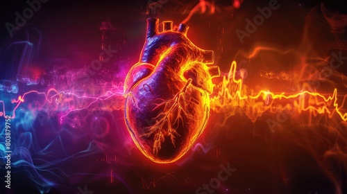The illustration of a glowing heart created with vibrant colors and intricate details, representing the fusion of art and technology in the field of cardiology.