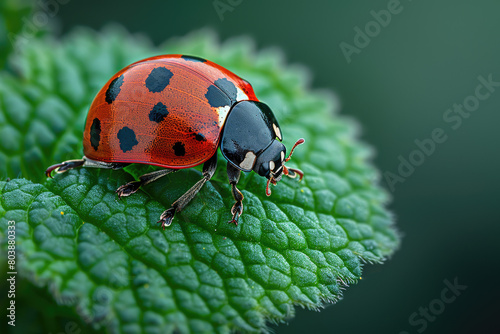 Photo of A ladybug on the edge of an emerald green leaf, with water droplets glistening around it. Created with Ai
