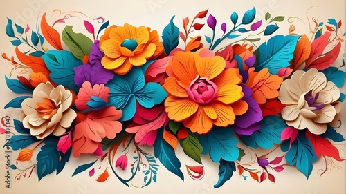 colorful Mexican flower wall covering  bright floral background  mandala design concept  exquisite illustration for Rangoli  wall covering in the manner of embroidery  Hispanic textile art  careful de