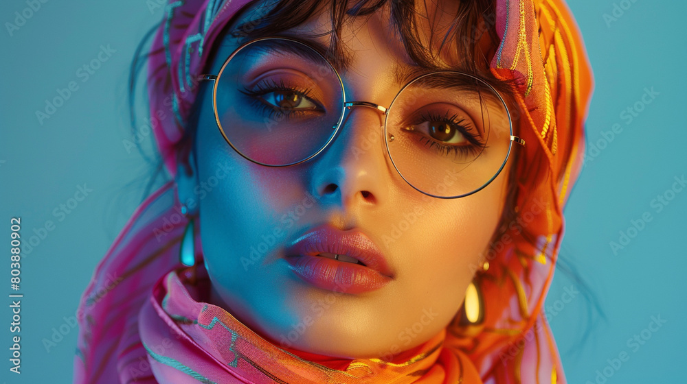 Fototapeta premium Stylish Gen-Z Arabic woman in neon retro vaporwave fashion, Sony portrait capturing her beauty and fashion-forward style. Photography, vibrant colors, retro aesthetic