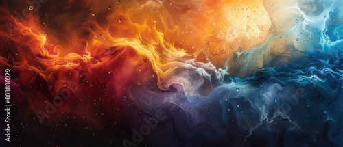 The image is an abstract painting. It has a fiery orange and red background with a blue and purple foreground. The painting is very fluid and looks like it is in motion. photo