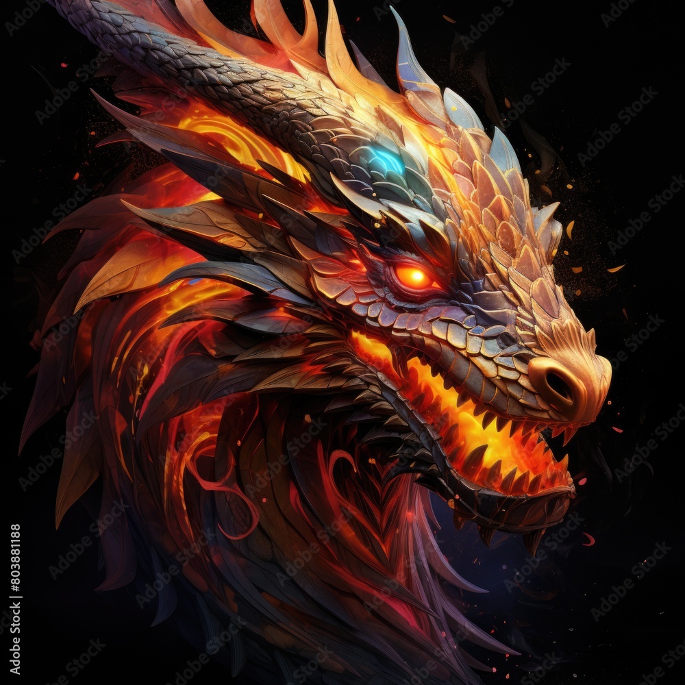 Glowing-eyed dragon head on black background Glowing-eyed dragon head on black background