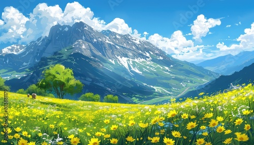 Mountain landscape with color flowers