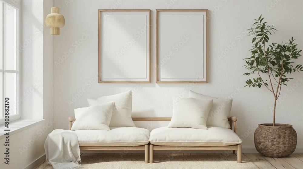 Naklejka premium Frame mockup. White wall home room interior background with cozy chair, 3d render,