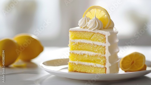 A slice of lemon cake resting on a round plate