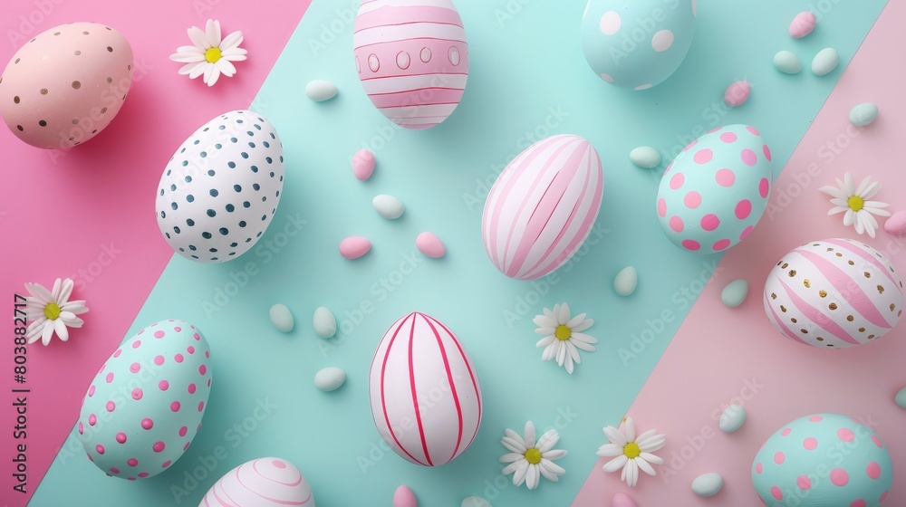A variety of Easter eggs in pastel colors with a few white flowers scattered on a blue and pink background.
