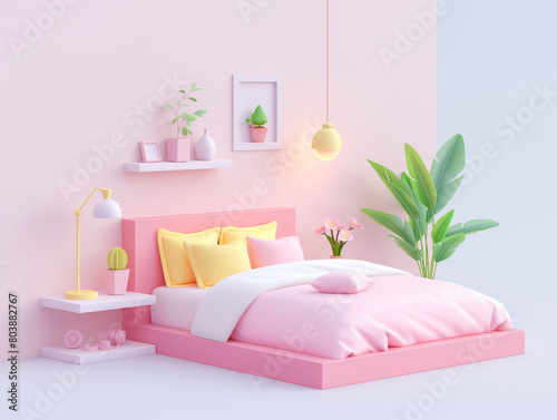 Minimalistic pink bedroom interior with plants and flowers. 3d rendering.