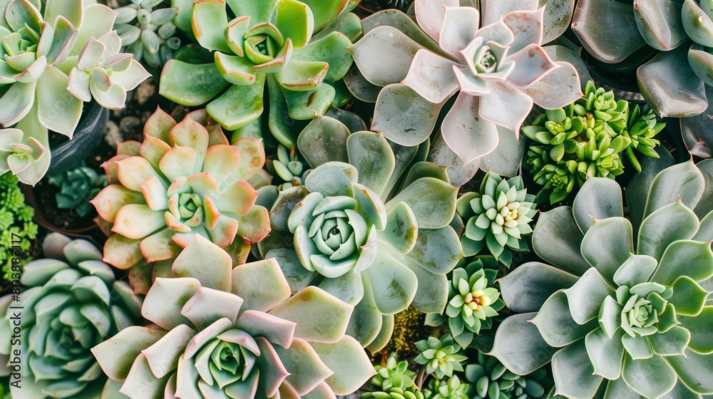 Close-up view of a diverse assortment of colorful succulents grouped together