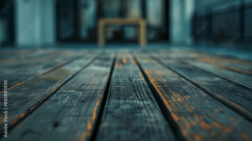 A wooden floor with a chair visible in the blurred background, creating a simple and minimalistic scene
