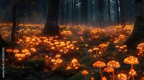 The photo shows a dark forest with a lot of glowing mushrooms on the ground © Preyanuch