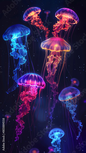Neon Glowing Jellyfish on Dark Background