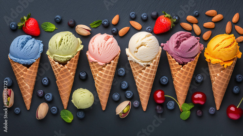 Various flavors of ice cream are offered in cones with different ingredients and sweetness levels, making them a popular dessert choice for those craving something sweet and baked goods photo
