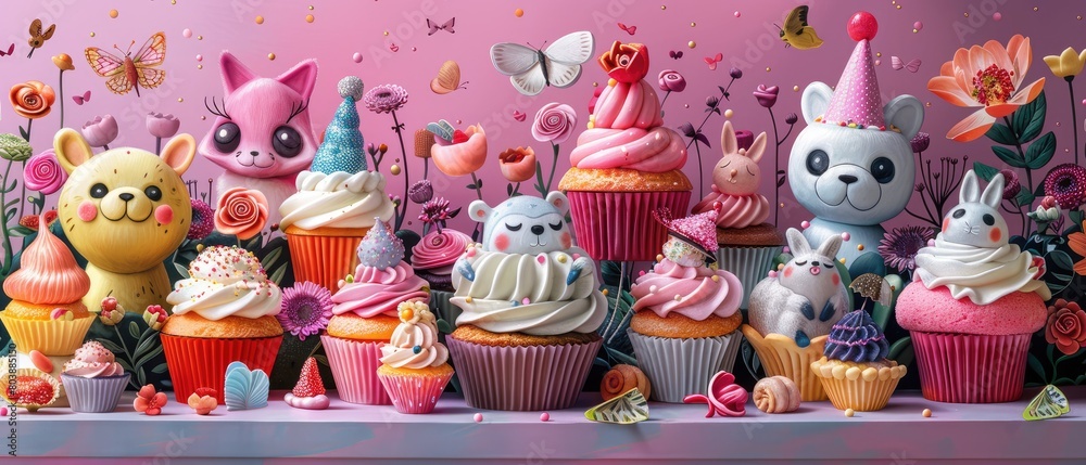 A table full of cupcakes decorated with cute animal faces and topped with colorful frosting. The background is a soft pink color.