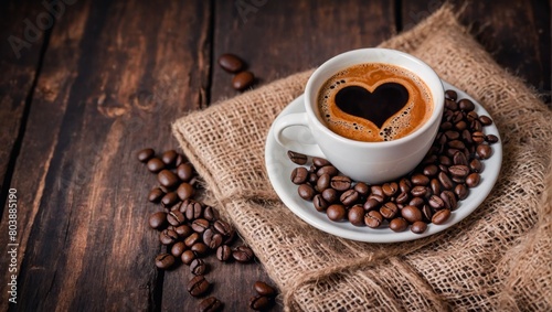 Cup of coffee latte with heart shape and coffee beans on old wooden background.