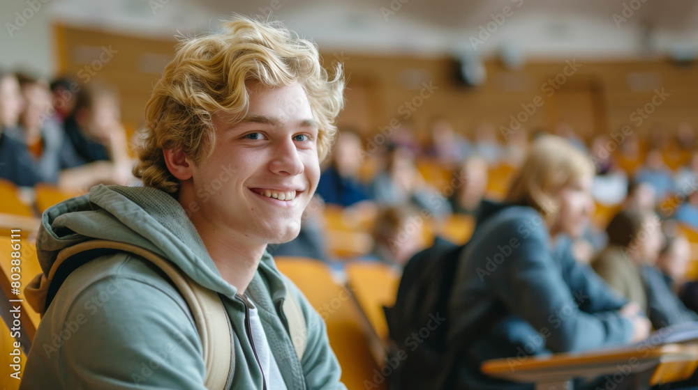 Portrait of a blond hair nordic caucasian happy university student sitting in a college lecture hall