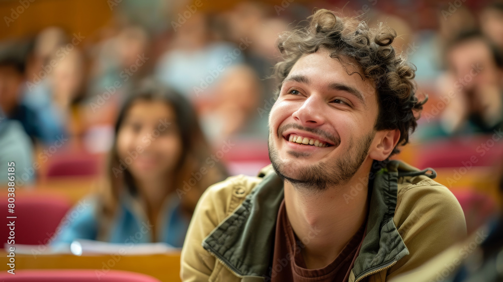 Portrait of a French caucasian happy university male student sitting in a college lecture hall Portrait of a French caucasian happy university male student sitting in a college lecture hall