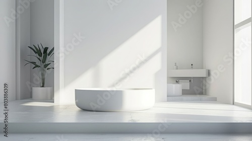 A minimalist  white podium  with a simple design  set against a backdrop of a minimalist  white bathroom.